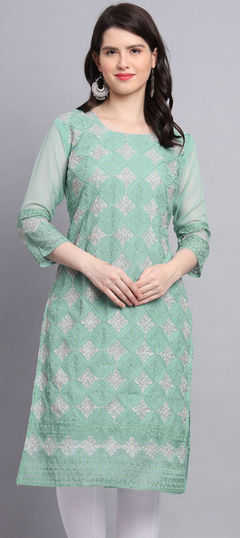 Casual Green color Kurti in Georgette fabric with Straight Embroidered, Resham, Thread work : 1897874