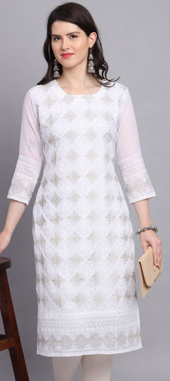 Casual White and Off White color Kurti in Georgette fabric with Straight Embroidered, Resham, Thread work : 1897880