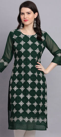 Casual Green color Kurti in Georgette fabric with Straight Embroidered, Resham, Thread work : 1897883