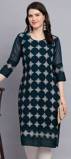 Casual Blue color Kurti in Georgette fabric with Straight Embroidered, Resham, Thread work : 1897885