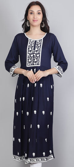 Blue color Kurti in Rayon fabric with Embroidered, Resham, Thread work