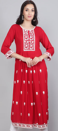 Red and Maroon color Kurti in Rayon fabric with Embroidered, Resham, Thread work