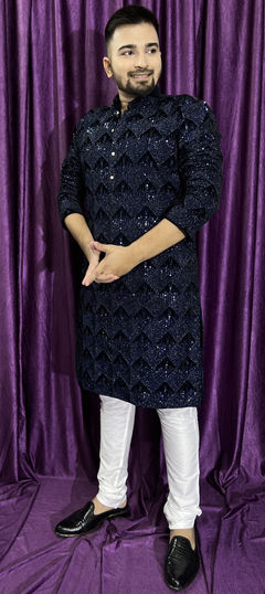 Blue color Kurta Pyjamas in Velvet fabric with Embroidered, Sequence, Thread work