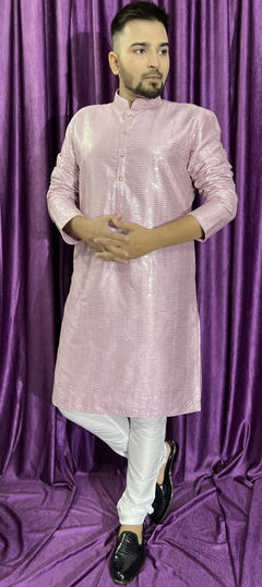 Pink and Majenta color Kurta Pyjamas in Silk fabric with Embroidered, Sequence, Thread work