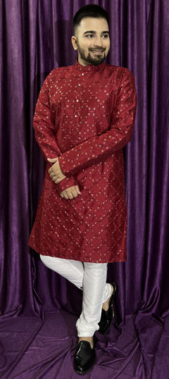 Red and Maroon color Kurta Pyjamas in Silk fabric with Embroidered, Sequence, Thread work