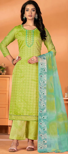 Green color Salwar Kameez in Art Silk fabric with Embroidered, Thread, Weaving work