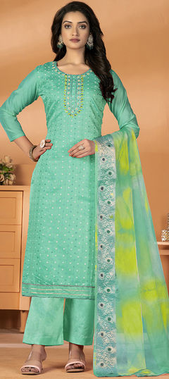 Blue color Salwar Kameez in Art Silk fabric with Embroidered, Thread, Weaving work
