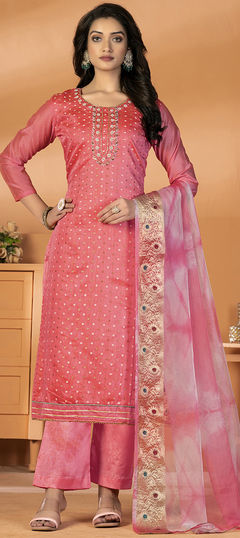 Pink and Majenta color Salwar Kameez in Art Silk fabric with Embroidered, Thread, Weaving work