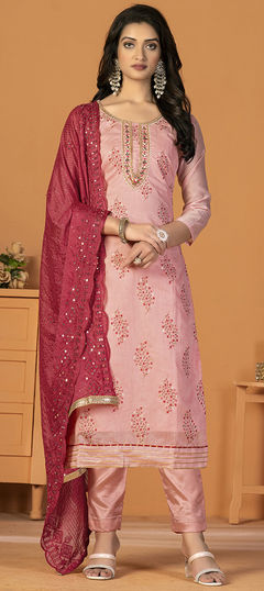 Pink and Majenta color Salwar Kameez in Art Silk fabric with Embroidered, Thread, Weaving work