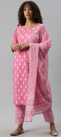 Festive, Summer Pink and Majenta color Salwar Kameez in Cotton fabric with Straight Gota Patti, Printed work : 1898119