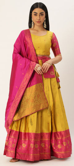 Yellow color Lehenga in Litchi Silk fabric with Printed work