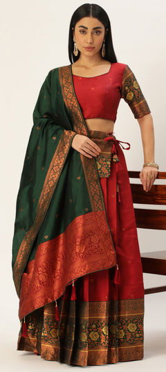 Red and Maroon color Lehenga in Litchi Silk fabric with Printed work