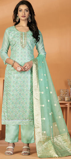 Festive, Party Wear Green color Salwar Kameez in Art Silk fabric with Palazzo, Straight Embroidered, Printed, Thread work : 1898242