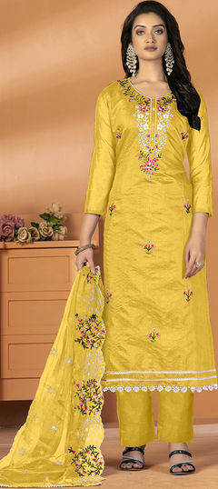 Festive, Party Wear Yellow color Salwar Kameez in Art Silk fabric with Palazzo, Straight Embroidered, Thread work : 1898250