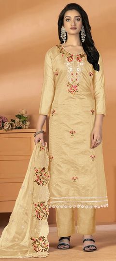 Beige and Brown color Salwar Kameez in Art Silk fabric with Embroidered, Thread work