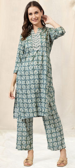 Blue, White and Off White color Salwar Kameez in Rayon fabric with Printed work