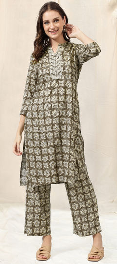 Beige and Brown, White and Off White color Salwar Kameez in Rayon fabric with Printed work
