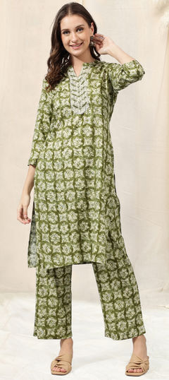 Green, White and Off White color Salwar Kameez in Rayon fabric with Printed work