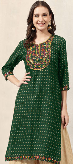 Green color Kurti in Rayon fabric with Embroidered, Resham, Thread work