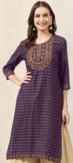 Purple and Violet color Kurti in Rayon fabric with Embroidered, Resham, Thread work