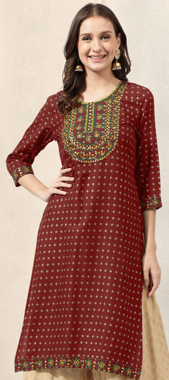 Red and Maroon color Kurti in Rayon fabric with Embroidered, Resham, Thread work
