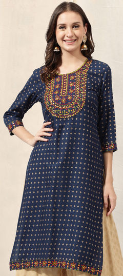 Blue color Kurti in Rayon fabric with Embroidered, Resham, Thread work