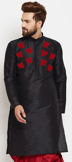 Black and Grey color Kurta in Dupion Silk fabric with Embroidered, Thread work