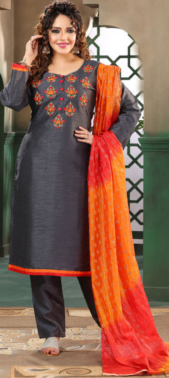 Bollywood Black and Grey color Salwar Kameez in Art Silk fabric with Straight Embroidered, Resham, Thread work : 1898326