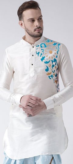 White and Off White color Kurta in Dupion Silk fabric with Embroidered, Thread work