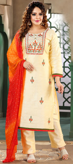 Bollywood Beige and Brown color Salwar Kameez in Art Silk fabric with Straight Embroidered, Resham, Thread work : 1898329