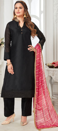 Bollywood Black and Grey color Salwar Kameez in Chanderi Silk fabric with Straight Mirror work : 1898330