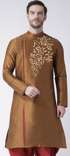 Beige and Brown color Kurta in Dupion Silk fabric with Embroidered, Thread work