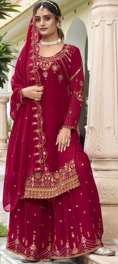 Festive, Mehendi Sangeet, Reception Pink and Majenta color Salwar Kameez in Georgette fabric with Sharara, Straight Embroidered, Resham, Sequence, Thread, Zari work : 1898333