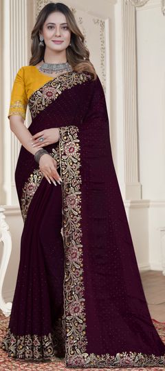 Purple and Violet color Saree in Satin Silk, Silk fabric with Embroidered, Resham, Swarovski, Thread, Zircon work