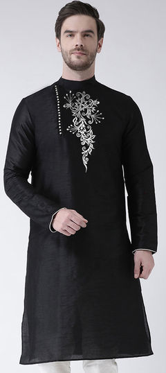 Black and Grey color Kurta in Dupion Silk fabric with Embroidered, Thread work