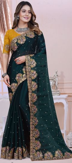 Bollywood Blue color Saree in Satin Silk, Silk fabric with Classic, South Embroidered, Resham, Swarovski, Thread, Zircon work : 1898340