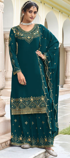 Festive, Mehendi Sangeet, Reception Blue color Salwar Kameez in Georgette fabric with Sharara, Straight Embroidered, Resham, Sequence, Thread, Zari work : 1898344