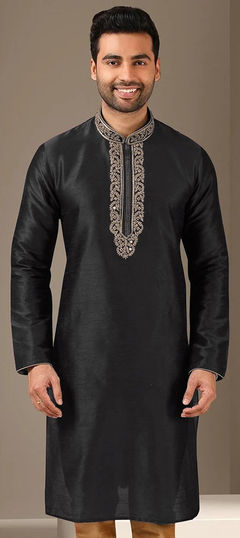 Black and Grey color Kurta in Dupion Silk fabric with Embroidered, Thread work