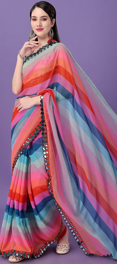 Multicolor color Saree in Georgette fabric with Border, Lehariya, Mirror, Printed work