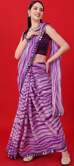 Purple and Violet color Saree in Georgette fabric with Border, Mirror, Printed, Tye n Dye work