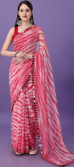 Red and Maroon color Saree in Georgette fabric with Border, Mirror, Printed, Tye n Dye work