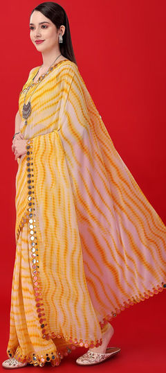 Festive, Reception Yellow color Saree in Georgette fabric with Classic Border, Mirror, Printed, Thread work : 1898416