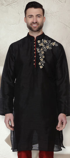 Black and Grey color Kurta in Dupion Silk fabric with Embroidered, Thread work
