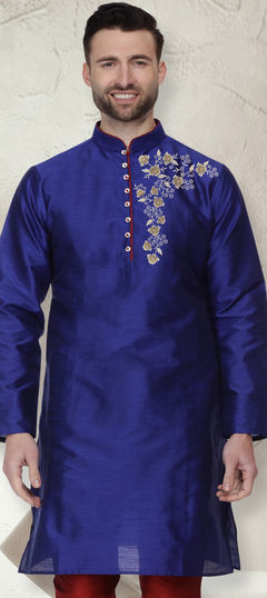Blue color Kurta in Dupion Silk fabric with Embroidered, Thread work