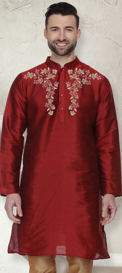 Red and Maroon color Kurta in Dupion Silk fabric with Embroidered, Thread work