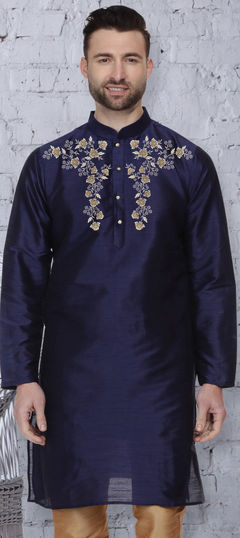 Blue color Kurta in Dupion Silk fabric with Embroidered, Thread work