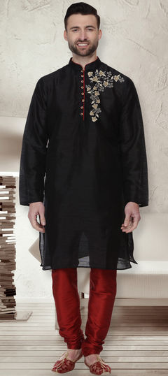 Black and Grey color Kurta Pyjamas in Dupion Silk fabric with Embroidered, Thread work