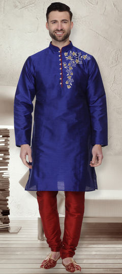 Blue color Kurta Pyjamas in Dupion Silk fabric with Embroidered, Thread work