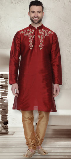 Red and Maroon color Kurta Pyjamas in Dupion Silk fabric with Embroidered, Thread work