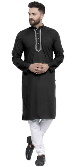 Black and Grey color Kurta Pyjamas in Blended Cotton fabric with Embroidered, Thread work